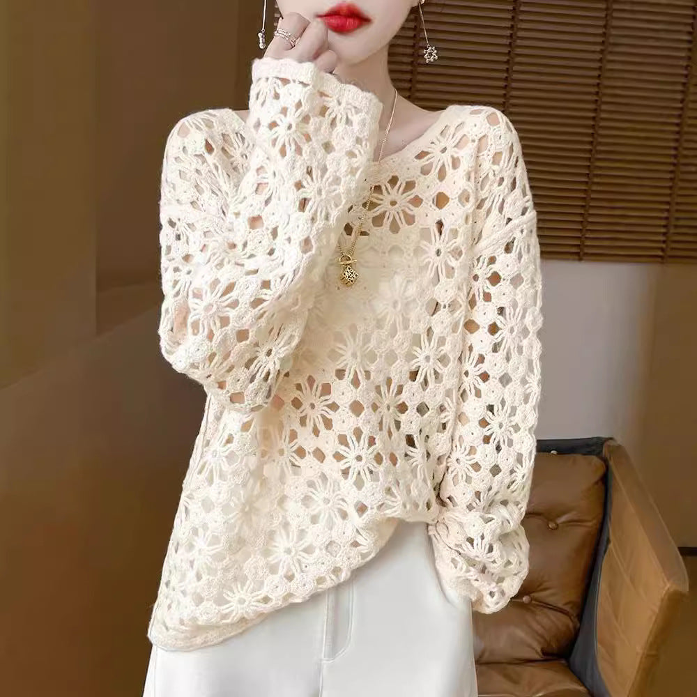 Early Autumn Crochet Hollow Solid Color V Lazy Style Soft Wool Knitted Pullover Top Slimming
