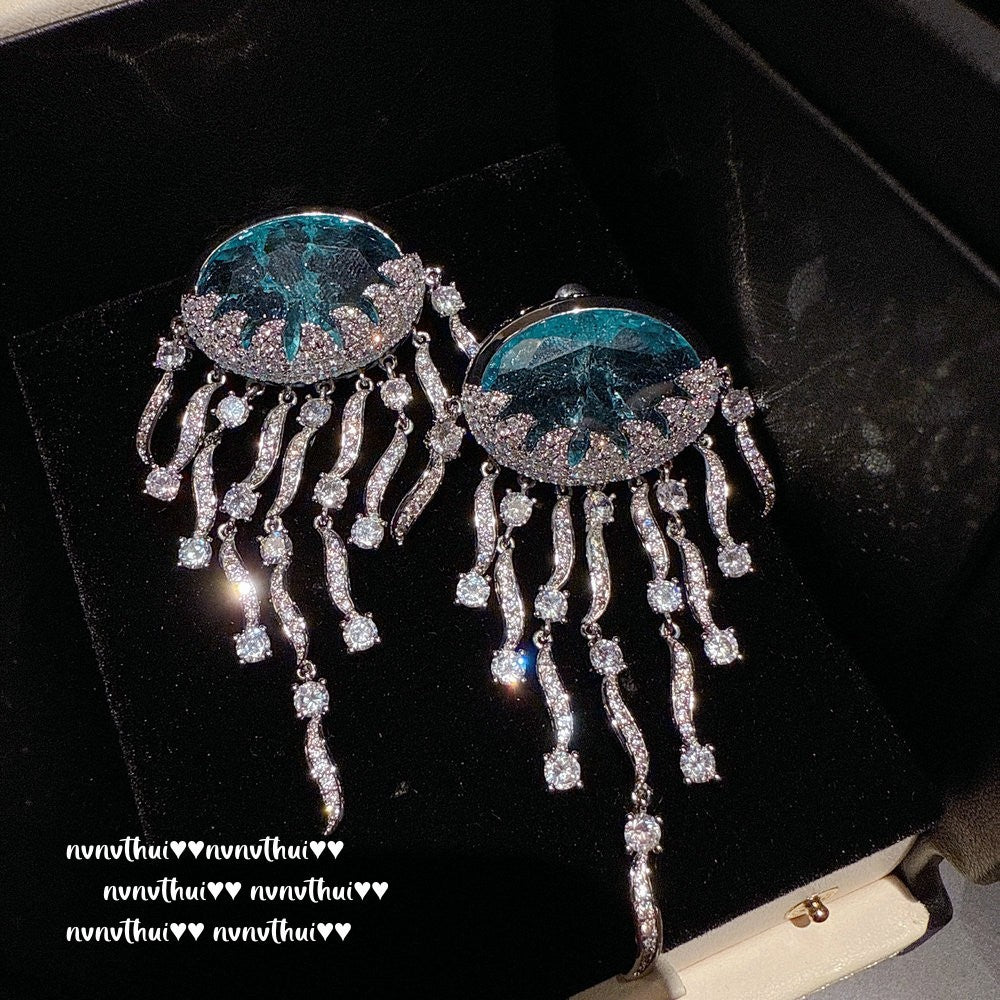 Sparkling Paphos Cloud Pattern Jellyfish Tassel Gemstone Earrings The Joy of a Rich Woman Egg-shaped Princess Pink Earrings