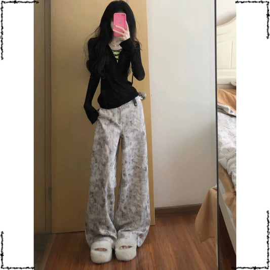American Retro Tie-Dye Print Casual Wide-Leg Jeans for Women Loose High-Waist Draped Floor-Length Pants Summer Hot Sale