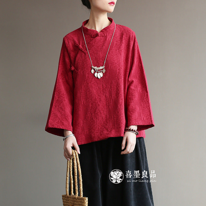 8813Xi Mo Women's Clothing Republic of China Retro Artistic Spring and Autumn New Double Layer Jacquard Button Shirt Chinese Style Short Top
