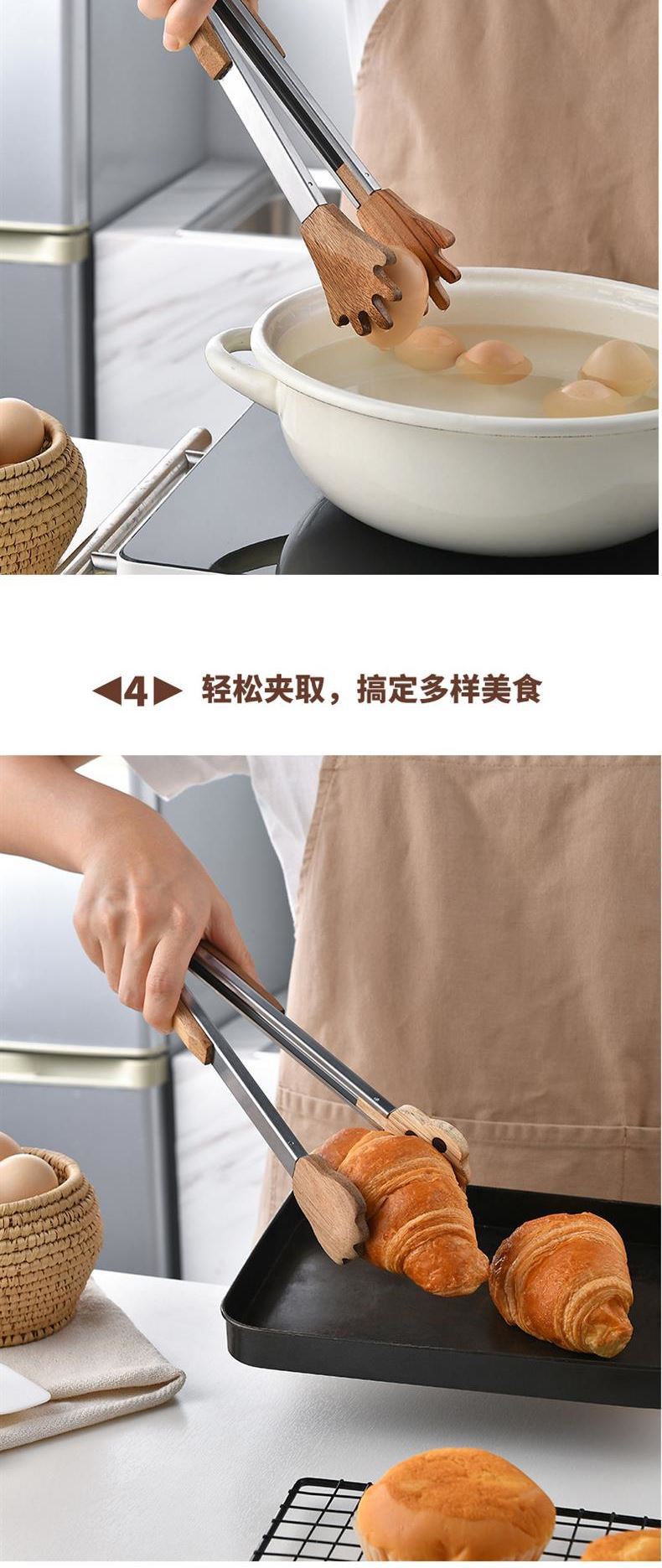 New Cross-Border Acacia Wood Food Clip Food Clip Cat Paw Palm Clip Stainless Steel BBQ Barbecue Tongs Steak Tongs
