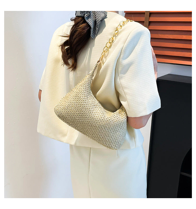 South Korea ins Vintage Woven Tote Bag Straw Bag Large Capacity Underarm Bag Shoulder Bag Vacation Style Beach Bag for Women