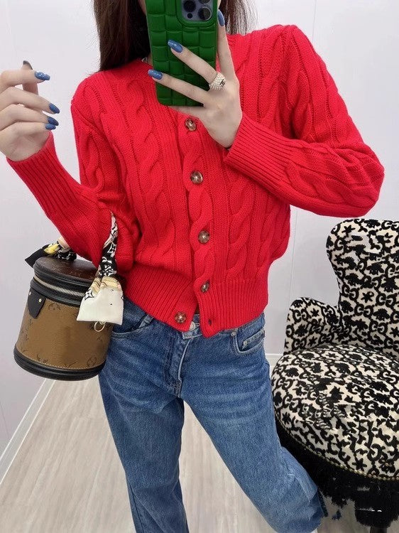 Counter Same Style Pony Embroidery Wool Cable Vintage Knitted Cardigan Women Autumn Winter Sweater Round Neck Thick Coat Top