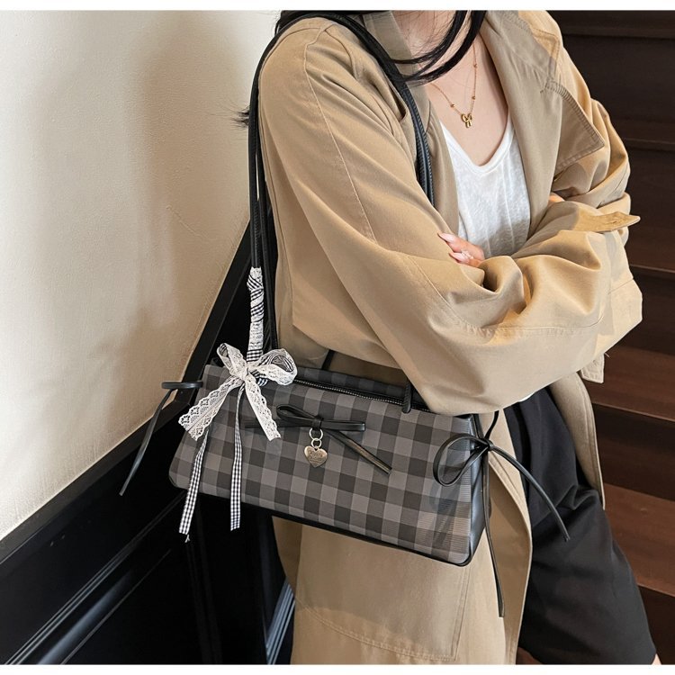 Dopamine Plaid Handbag Small Tote Bag for Women Summer2025New Ballet Style Bow Baguette Bag Underarm Bag Trendy