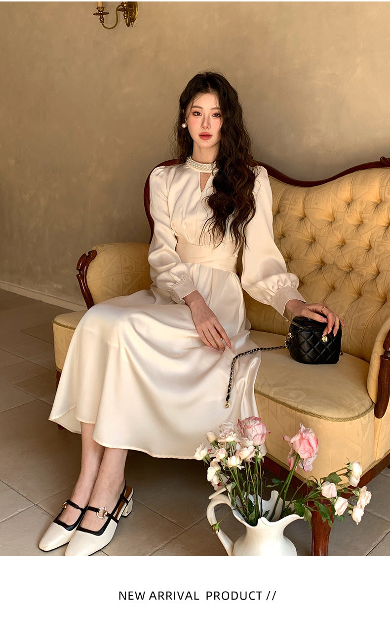 French A Line skirt2025Spring and Summer New Women's Long Sleeve Dress Waist Slimming Elegant Acetate Satin Long Dress