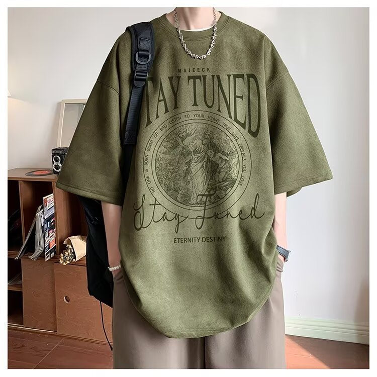 2025New Faux Suede Short Sleeve Men's Summer New American Style Heavyweight Trendy Loose Half Sleeve T Trendy Five-Sleeve Shirt