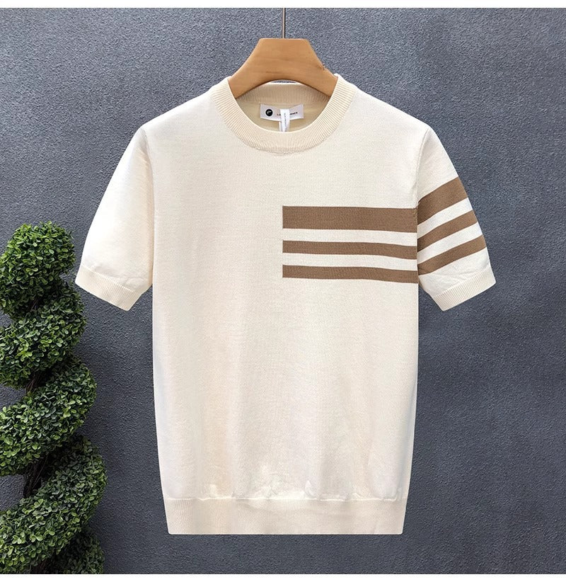2025New Short Sleeve Knitted Shirt for Men, Striped, Simple, High-End Business, Mature, Slim Fit, Ice Silk T Men's Shirt
