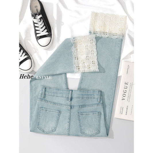 ins Women's Summer Mesh Straight Jeans2025New High-Waisted Slimming Elegant Petite Nine-Point Cigarette Pants