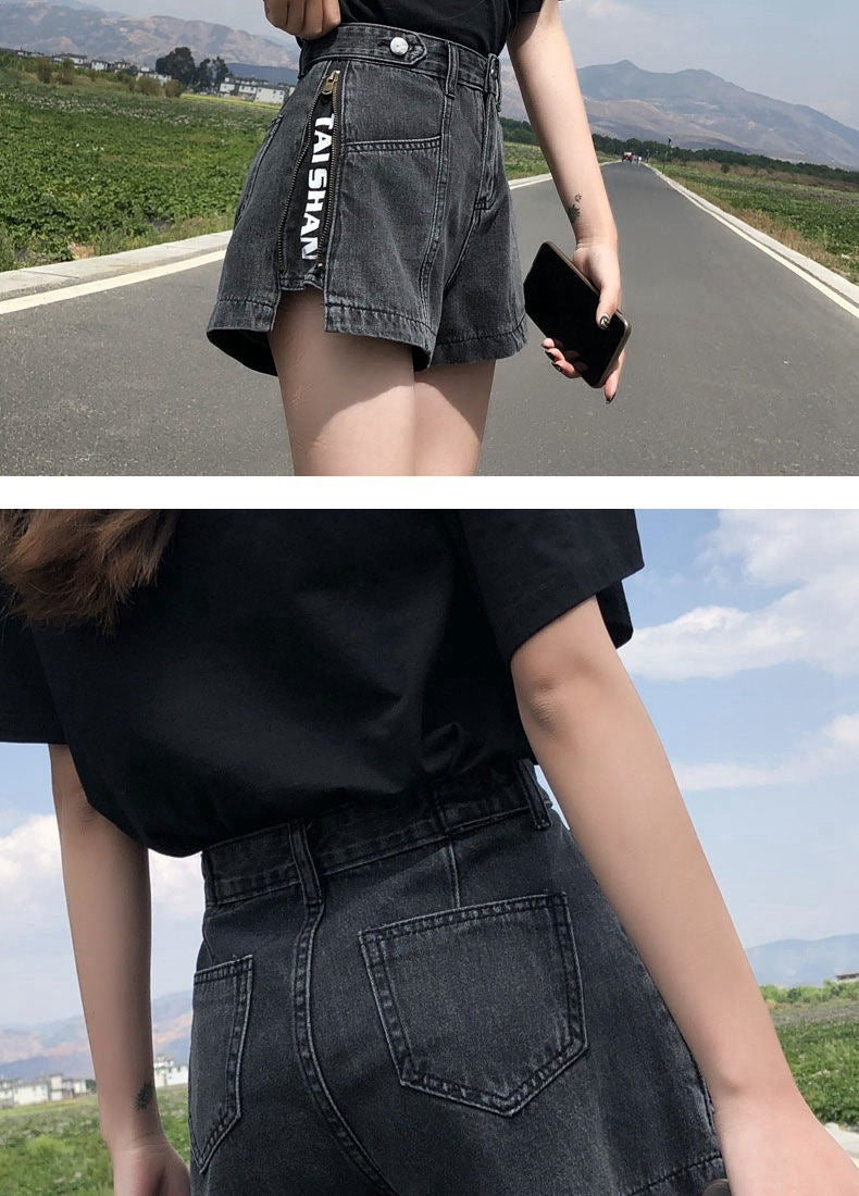 Side Zipper High Waist Denim Shorts Women Summer Loose Fit2025New Year's Slimming Letter Print Wide-Leg Hot Pants Trend