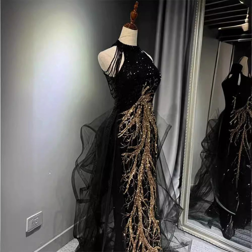 New Evening Dress Black High-End Slim Fit Elegant Socialite Host Halter Neck Mermaid Dress Wedding Toast Dress