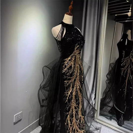 New Evening Dress Black High-End Slim Fit Elegant Socialite Host Halter Neck Mermaid Dress Wedding Toast Dress