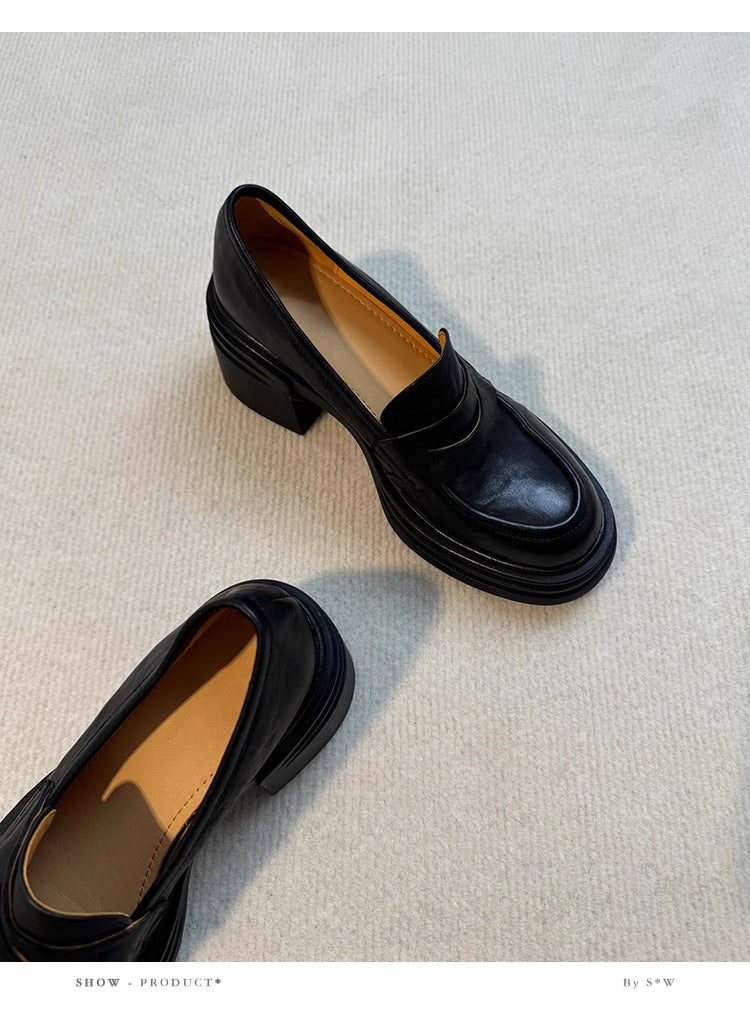 Soft Leather Version~Lancui Thick-Soled Chunky Heel Loafers for Women, Retro Style, Height-Increasing Slip-On Simple Leather Shoes for Petite Women