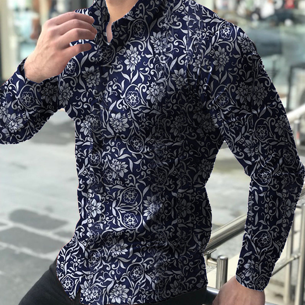Spring and Autumn Long Sleeve Shirt Cross-Border European and American Printed Shirt Amazon Men's Casual Floral Shirt Slim Fit Shirt for Men