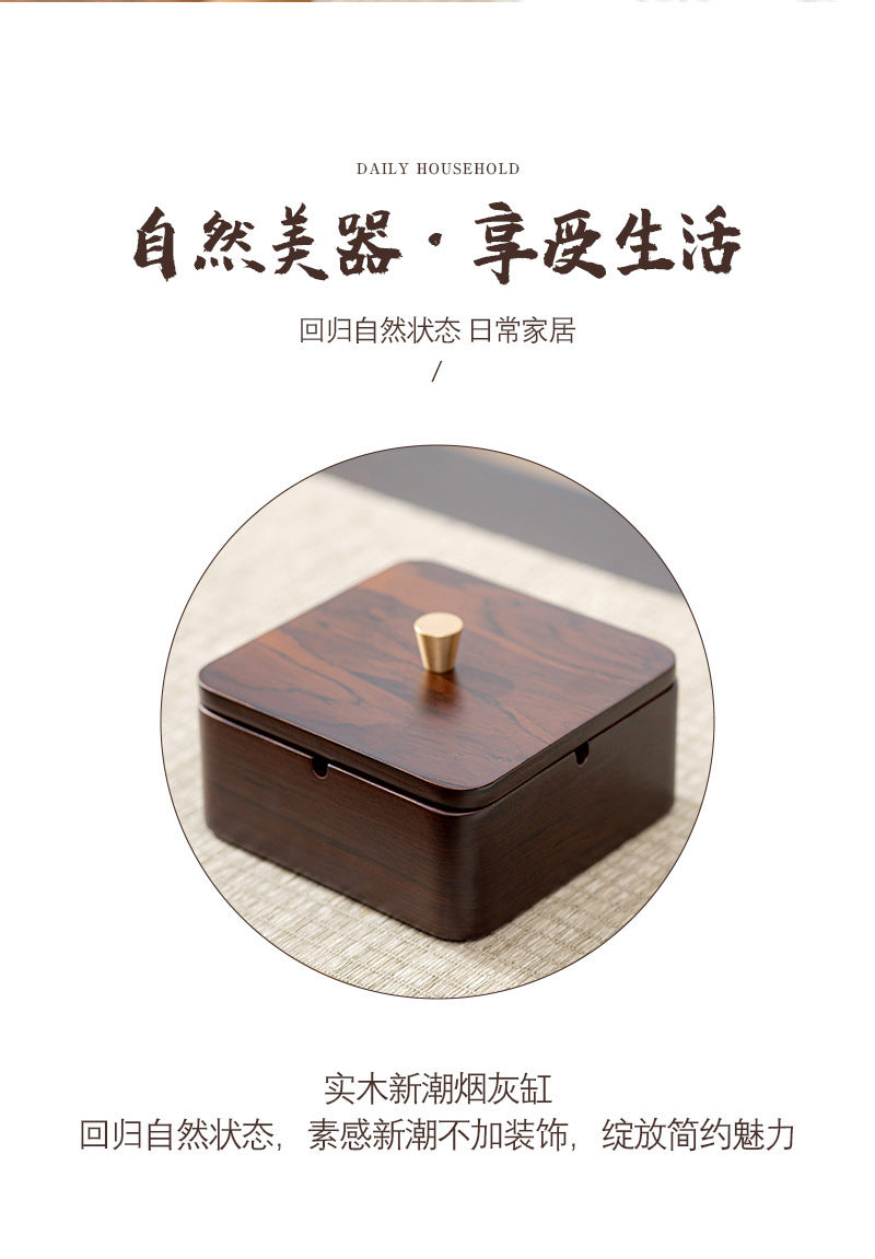 Walnut Ashtray for Home Living Room with Lid, Anti-Fly Ash, Stainless Steel Inner Liner, Creative Office Quality Ashtray