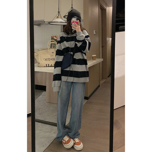 Striped Sweatshirt for Back-to-School Season Spring and Autumn oversize Black and Gray Women Slimming Loose Lazy Couple Student ins Tide