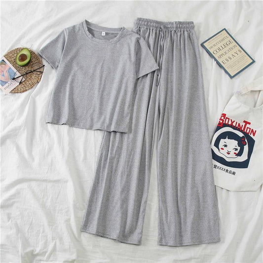 In Stock Cross-Border Amazon Summer New Korean Style Fashionable Petite Height-Enhancing Set Women Short Sleeve Wide-Leg Pants Casual Pants