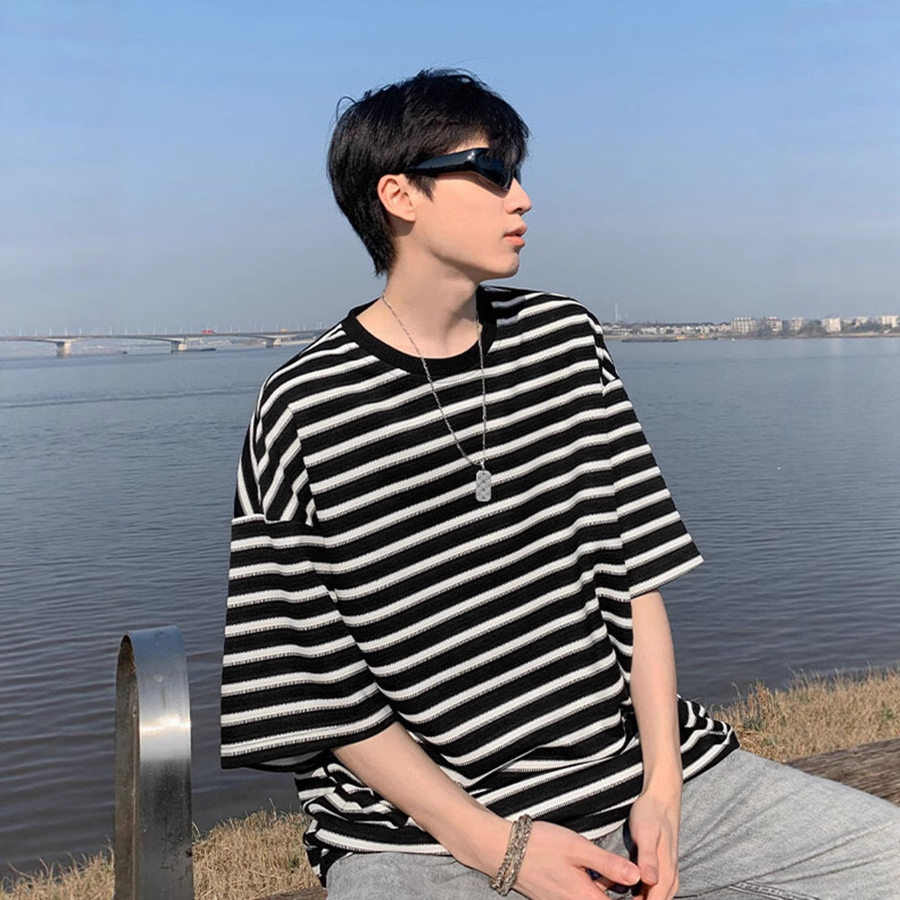 American striped short sleeve t Men's Summer Trendy Neck Loose Cotton