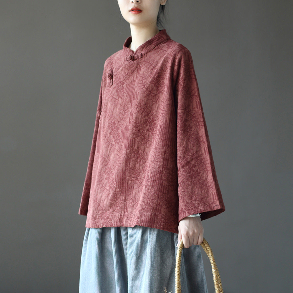 8813Xi Mo Women's Clothing Republic of China Retro Artistic Spring and Autumn New Double Layer Jacquard Button Shirt Chinese Style Short Top