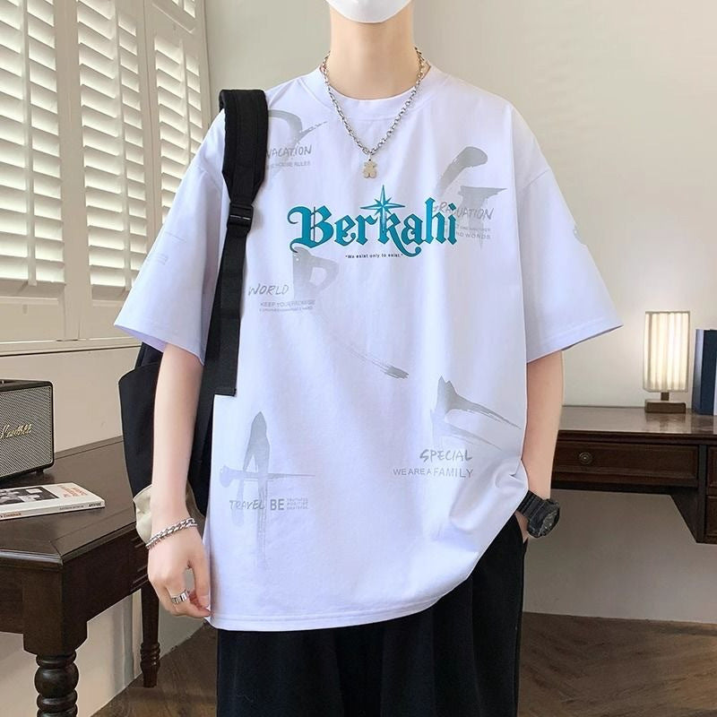 2025Summer New Men's Youth Casual Stylish Trendy Loose Short Sleeve T Shirt Gradient Color for Middle and High School Students