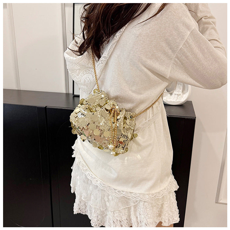 Trendy and High-End Sequin Bucket Bag2025Summer New Fashion Versatile Stylish French Chain Single Shoulder Crossbody