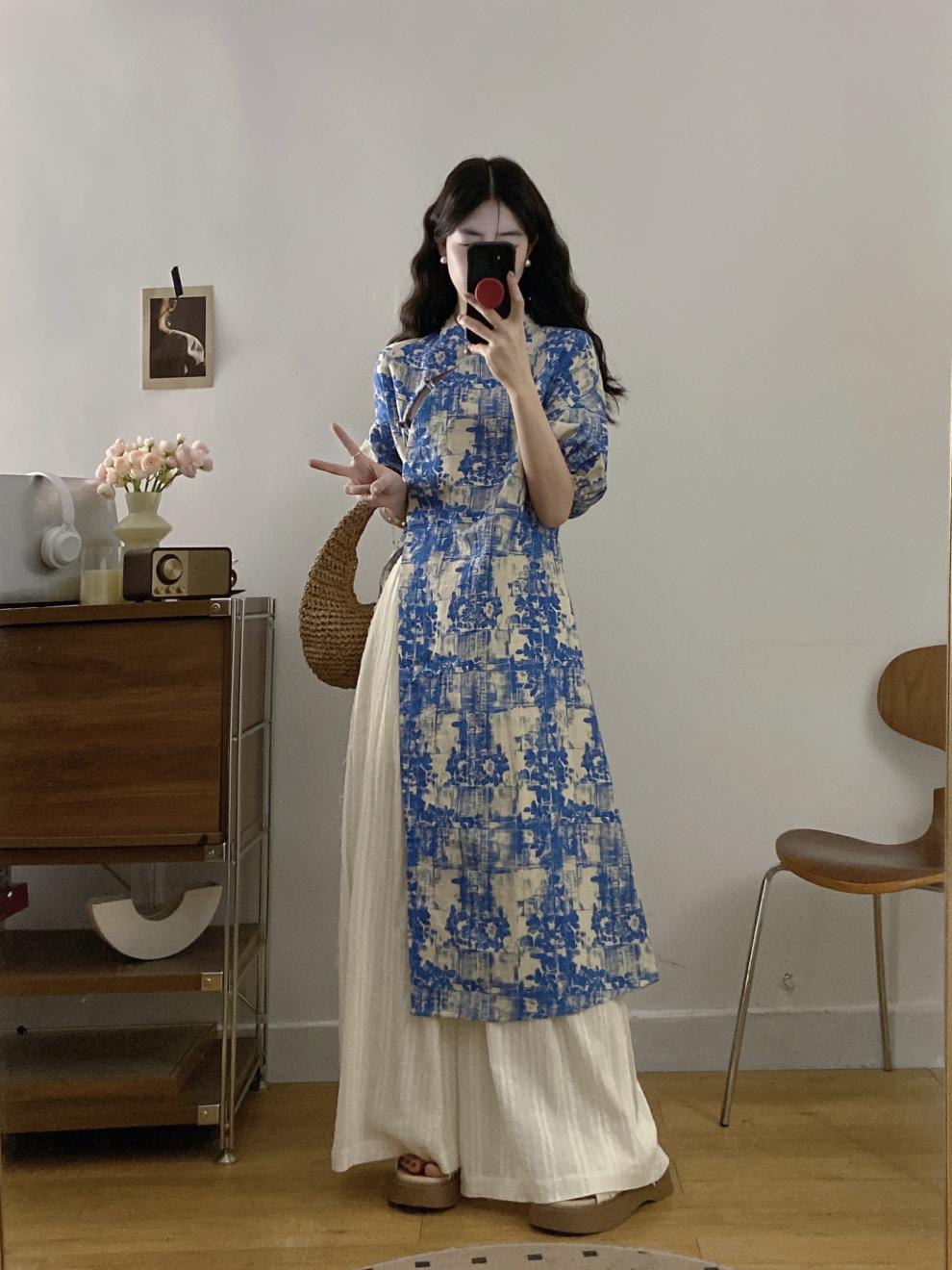 New Chinese Style National Style Set Gentle Temperament Super Beautiful Blue Floral Long Top Casual Long Pants Two-Piece Set