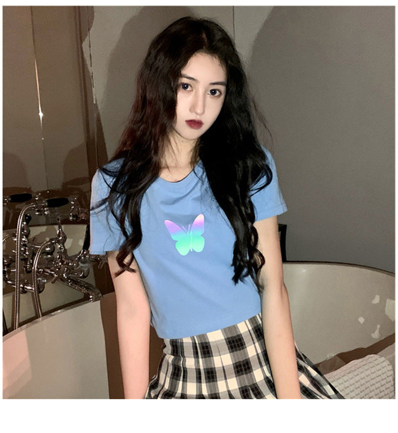 Summer2025New Year's Trendy Internet Celebrity Couple Outfit Reflective Butterfly Short Sleeve t Women's Summer T-shirt ins Super Popular Short Top