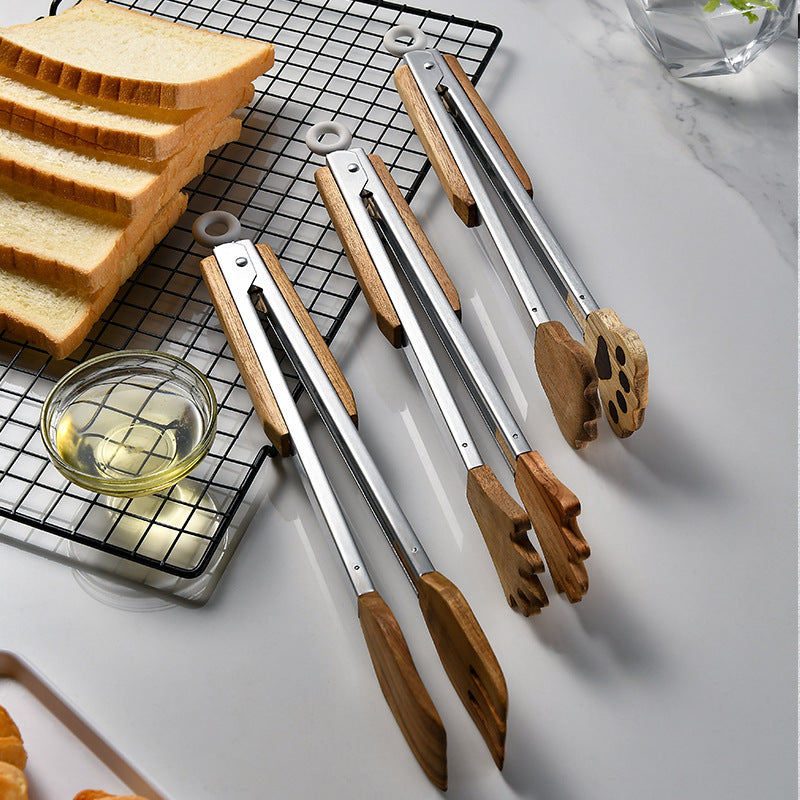 New Cross-Border Acacia Wood Food Clip Food Clip Cat Paw Palm Clip Stainless Steel BBQ Barbecue Tongs Steak Tongs