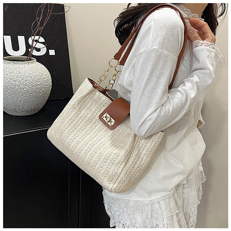 2025Women's Spring New Small Chanel Style Bag for Work Commute Versatile Straw Woven Large Capacity Wide Shoulder Strap Women's Single Shoulder Bag