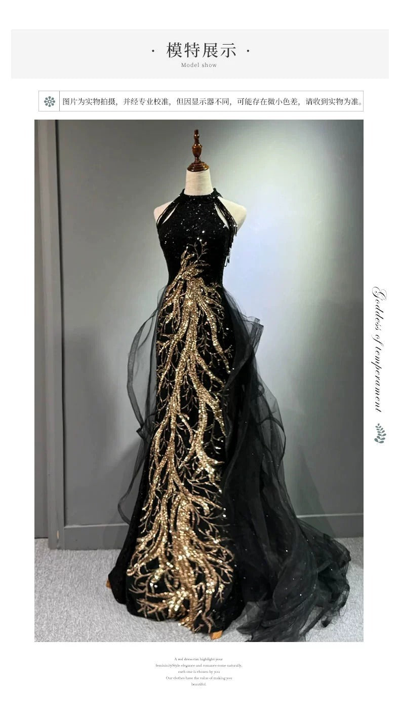 New Evening Dress Black High-End Slim Fit Elegant Socialite Host Halter Neck Mermaid Dress Wedding Toast Dress