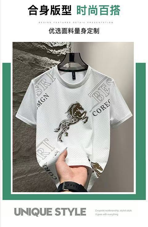 Foreign Trade Ice Silk Short Sleeve t Men's Summer Trendy Brand Short Sleeve T-Shirt2025New casual quick-dry men's top