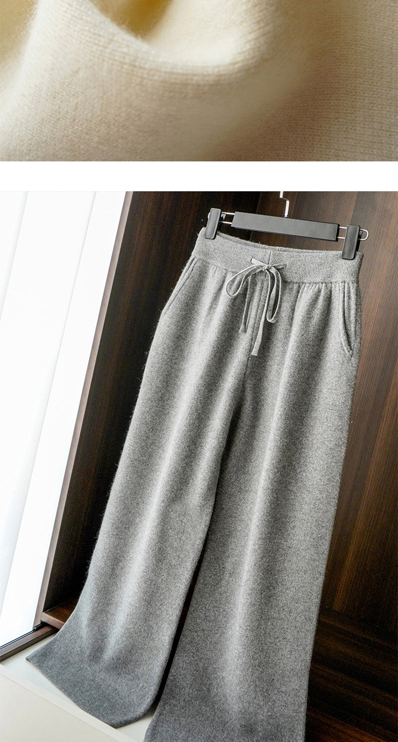 Autumn Winter Thickened Knitted Full Wool Wide-Leg Pants for Women Casual Cashmere High-Waist Draped Loose Straight-Leg Floor-Length Pants