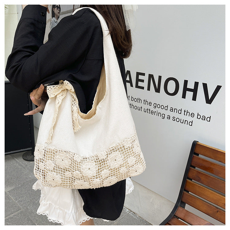 Design Summer Vacation Style Large Capacity Beach Bag Niche Lace Canvas Underarm Bag Women's Floral Single Shoulder Tote Bag