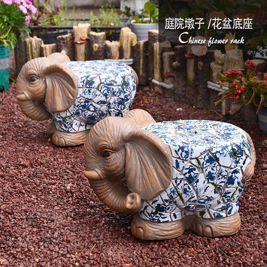 Cartoon Courtyard Animal Decoration Ornament Blue and White Elephant Stump Courtyard Garden Flower Pot Base Balcony Outdoor Chair