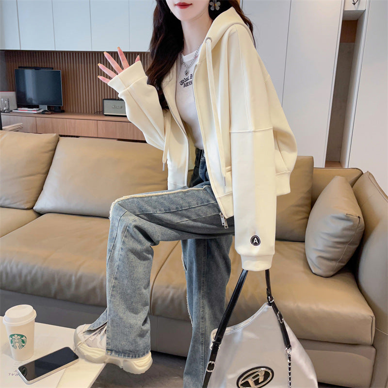 Spring and Autumn Short Hooded Sweatshirt Jacket for Petite Women, New Thin Loose Stylish Zipper Cardigan for Autumn and Winter