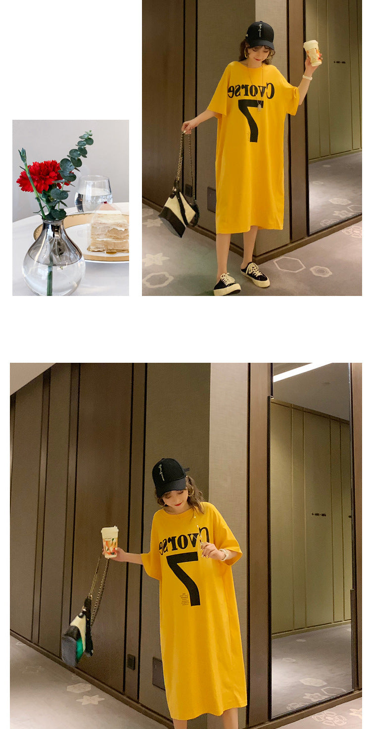 Summer Korea200Jin Fat mm Dress Women's Long Backless Loose Maxi Dress Plus Size Short Sleeve Maternity T T-shirt Skirt