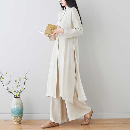 Real Shot 2024Linen Tea Clothing Spring and Autumn Zen Style Layperson Clothing Hanfu Chinese Style Tang Suit Set