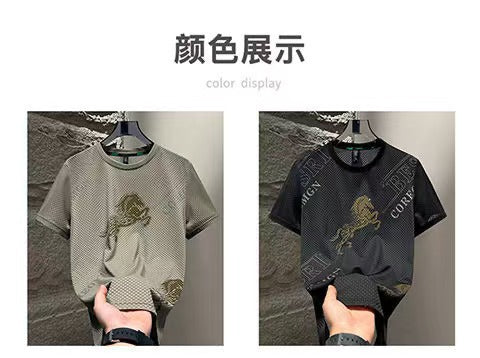 Foreign Trade Ice Silk Short Sleeve t Men's Summer Trendy Brand Short Sleeve T-Shirt2025New casual quick-dry men's top