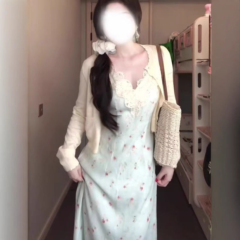 Fat mm Gentle Style Floral Strap Dress Plus Size Set for Women Spring Summer Long Sleeve Cardigan Lace Patchwork Waist-Cinching Long Dress