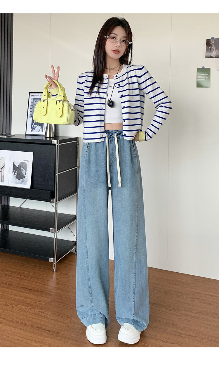 Tencel Jeans for Women Summer Thin Elastic Waist High Waist Draped Large Size Loose Straight Side Seam Front-Moved Wide-Leg Pants