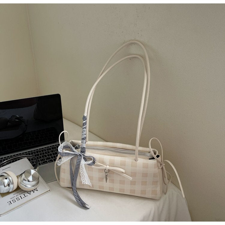 Dopamine Plaid Handbag Small Tote Bag for Women Summer2025New Ballet Style Bow Baguette Bag Underarm Bag Trendy