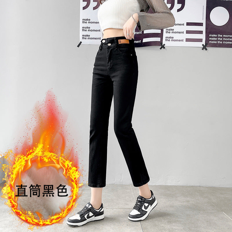 High Waist Gray Small Straight Jeans Women's Spring Clothes2025New Year's Slimming Asymmetric Cigarette Pants Nine-Tenths Length for Petite Figures