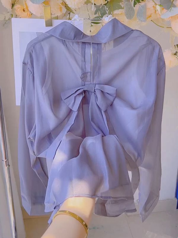2025Summer Gentle Sweet Back Bow Pearl Sunscreen Blouse for Women Thin Sheer Chiffon Shirt Top