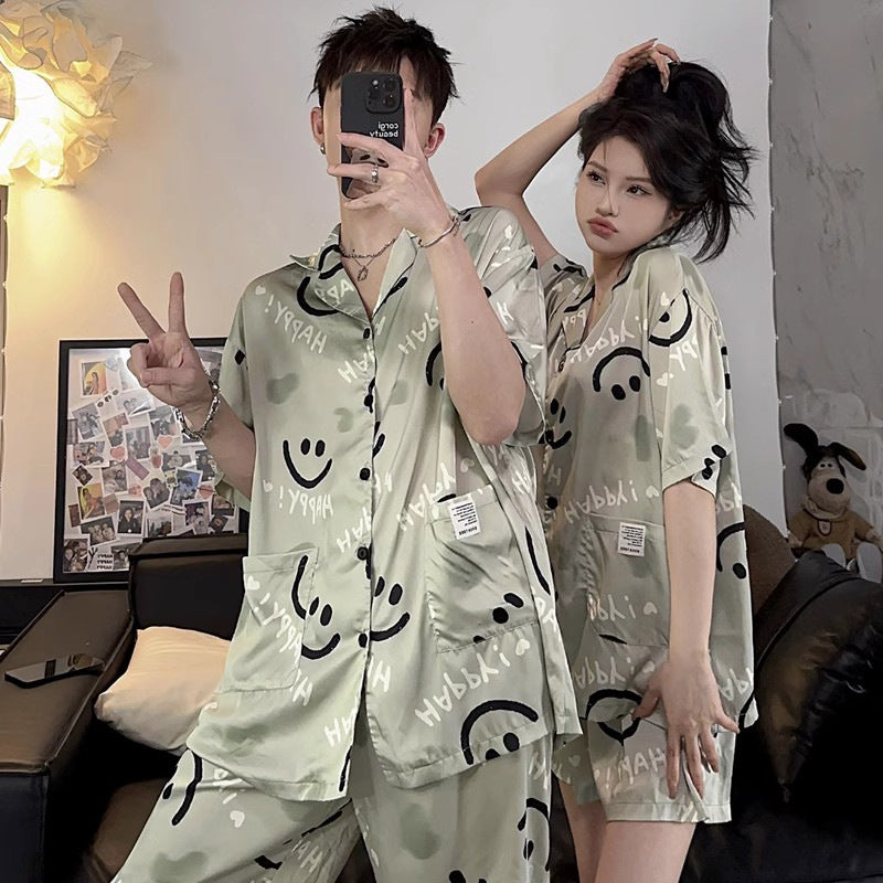 Wholesale Thin Couple Pajamas for Women Spring Autumn Summer Ice Silk Homewear Summer Men's Hot Short Sleeve Shorts Set