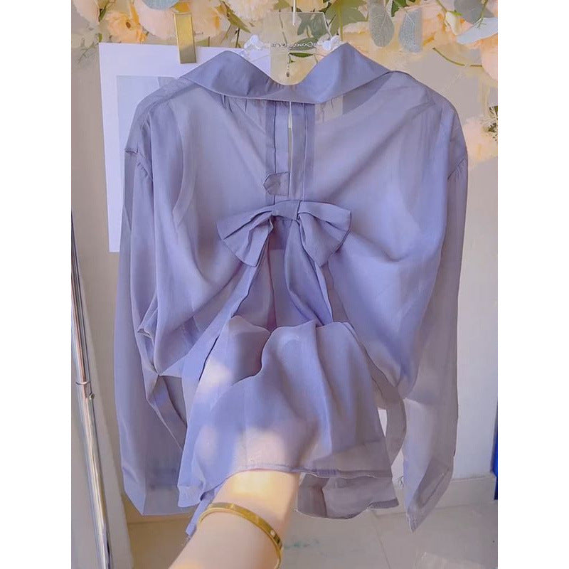 2025Summer Gentle Sweet Back Bow Pearl Sunscreen Blouse for Women Thin Sheer Chiffon Shirt Top