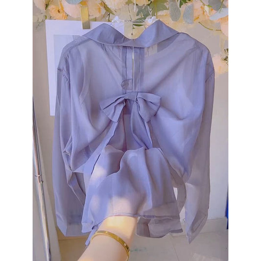 2025Summer Gentle Sweet Back Bow Pearl Sunscreen Blouse for Women Thin Sheer Chiffon Shirt Top