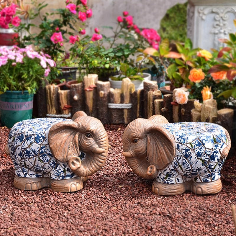 Cartoon Courtyard Animal Decoration Ornament Blue and White Elephant Stump Courtyard Garden Flower Pot Base Balcony Outdoor Chair