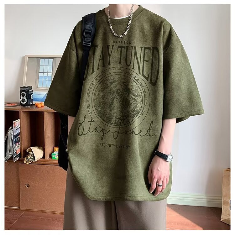 2025New Faux Suede Short Sleeve Men's Summer New American Style Heavyweight Trendy Loose Half Sleeve T Trendy Five-Sleeve Shirt