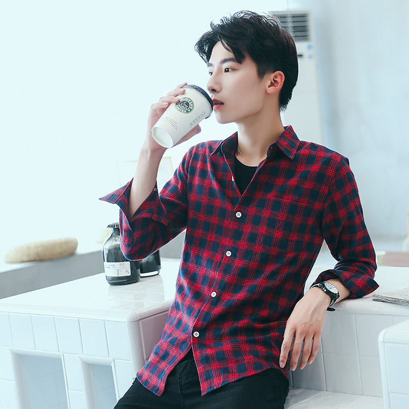 2025Plaid Long Sleeve Shirt Men Korean Version Slim Fit Youth Trendy Handsome Shirt Couple Casual Thin Shirt