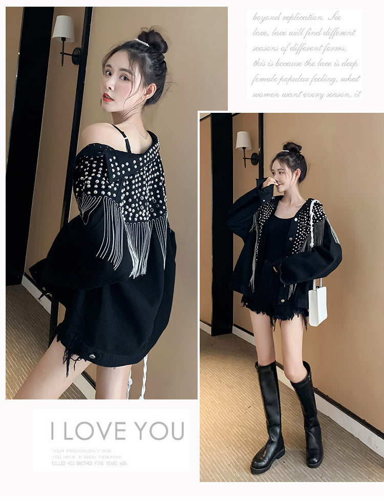 European and American New Style Tassel Heavy Embellished Rhinestone Rivet Long Sleeve Korean Version Loose Slimming Fashion Beaded Denim Jacket for Women