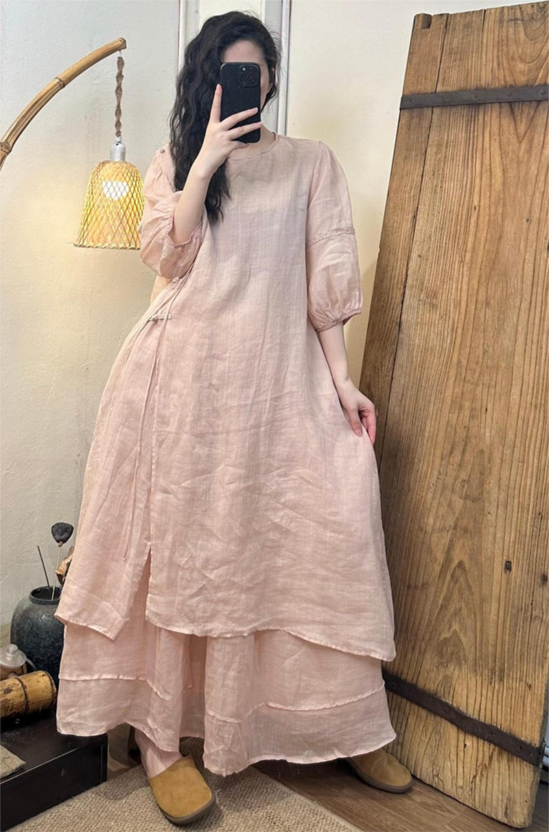 2025Summer New Retro Niche Pure Ramie Handmade Button Lace-up Light National Style Dress
